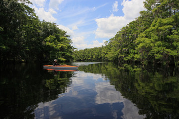 Fototapeta na wymiar Female kayaker on Fisheating Creek, Florida on calm early summer afternoon amidst clouds and Cypress Trees reflected on creek.