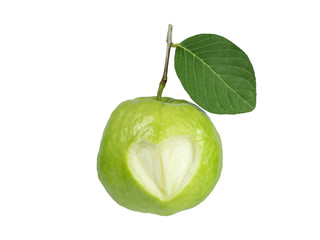 Fresh guava fruit isolated on white background. Heart-shaped carving. Medical and healthcare concept.