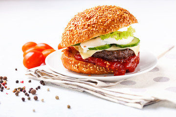 Cheeseburger with cheese, cutlet, a cucumber and sauce on a plate. Break. Snack. Selective focus. Copy space