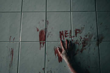 Horror woman write a message requesting help with blood in hand, Halloween murder concept.