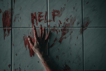 Horror woman write a message requesting help with blood in hand, Halloween murder concept.