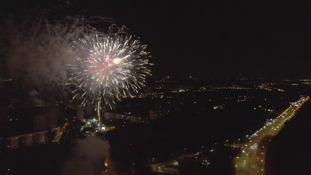 Inside fireworks at dark sky aerial drone footage