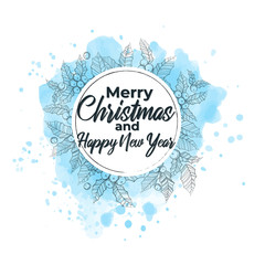 Round banner with line art vector illustration of ilex and text merry christmas and happy new year with watercolor background. Greeting card or postcard design with hand draw mistletoe outline art.