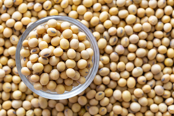 Soy beans in glass cup over soy beans background.
