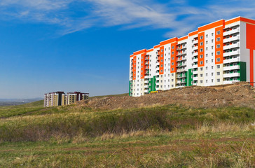New apartment buildings. Outskirts. Copy space.