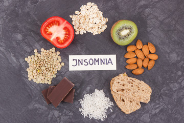 Inscription insomnia with food containing melatonin and tryptophan. Best eating for problems with sleep