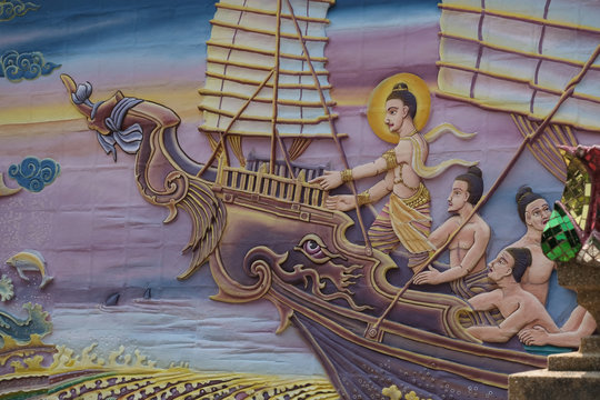 Sailing a ship onto a trouble sea in wall painting