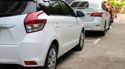 Closeup of rear, back side of white car with  other cars parking in outdoor parking area beside the street. 