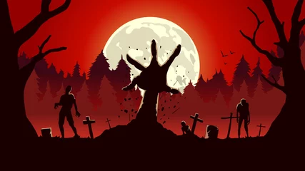 Fotobehang Zombie arm out from ground of grave in a full moon night and red sky. Silhouette background for horror concept. © logo3in1