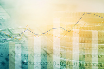 double exposure of coins and book bank and credit card with graph for finance and business background