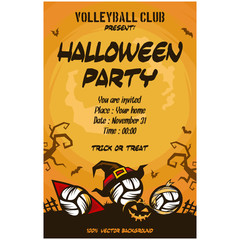 Halloween pattern. Volleyball with witch hat, pumpkins, flying bats, tree and castle on the background of the moon. Pattern for banner, poster, greeting card, party invitation. Vector illustration