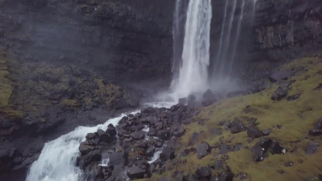 Aerial view of Fossa waterfall, Streymoy island, Faroe Islands, Denmark