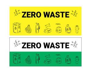 Zero Waste logo design template set. No Plastic and Go Green concept in banner. Vector eco lifestyle sign and symbol collection. Color line icon illustration of Refuse Reduce Reuse Recycle Rot