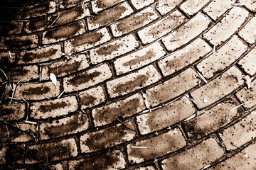 Old paver blocks on the curve patio or Curve bricks floor as textured and background