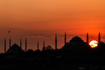 Fototapeta na wymiar Cityscape of Istanbul with silhouettes of ancient mosques and minarets at sunset. Panoramic view, The Maiden's Tower, Galata Tower, Hagia Sophia, The Blue Mosque and Topkapı Palace in Istanbul.