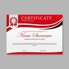 Modern certificate template design with red, black and white color. 