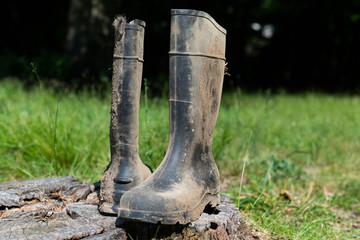 Farm work boots with dry mud