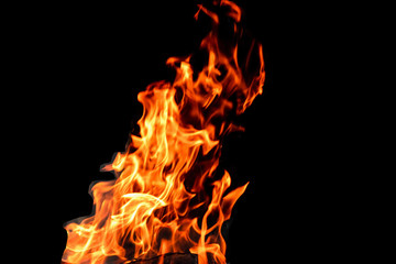Fire, flames on a black background isolate. Concept fire grill heat weekend barbecue.