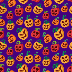 Fototapeta premium Happy Halloween Pumpkin Cartoon Seamless Pattern Design 