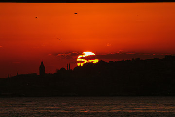 romantic sunset in istanbul skyline