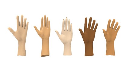 3d rendering of multiple hands isolated in white studio background