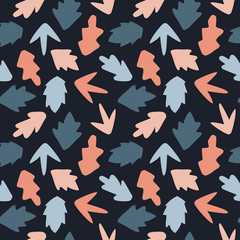 Seamless pattern with simple leaf shapes on dark background. For fabric, wallpaper, packaging design.