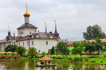 Church of St. Nicholas the Wonderworker and garden pond in Tolga convent in Yaroslavl, Russia