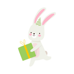 Humanized hare runs with a gift. Vector illustration on a white background.