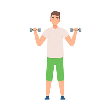 Man is engaged with dumbbells. Vector illustration.