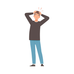 Brunette man holds on to a sore head. Vector illustration.