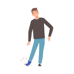 Brunette man with a bandage on his ankle. Vector illustration.