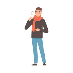 Brunette male with a scarf on a sore throat. Vector illustration.