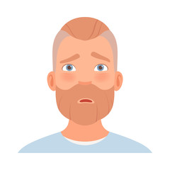 Embarrassment on the face of a man with a beard. Vector illustration.