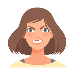 Strong anger on the face of a cute girl. Vector illustration.