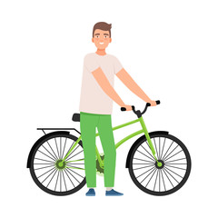 Obraz premium Man stands next to a bicycle. Vector illustration.