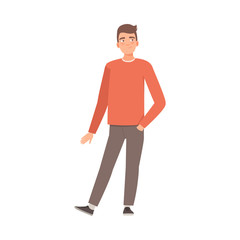 Young guy is pleased with himself. Vector illustration in cartoon style.