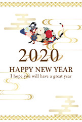2020年子年　和風花柄ねずみの年賀状テンプレート