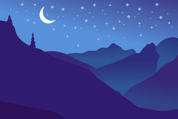 Vector panoramic landscape with silhouettes of trees , moon, cloud, and star