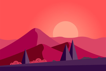 Fototapeta na wymiar Vector background landscape with red silhouettes of trees and hills