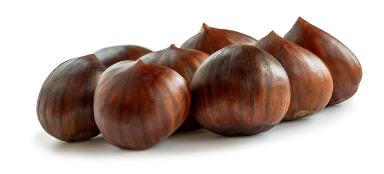 Chestnuts isolated on white background. Ripe sweet Chestnuts