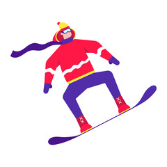 Male person jumps on a snowboard flat style design character riding