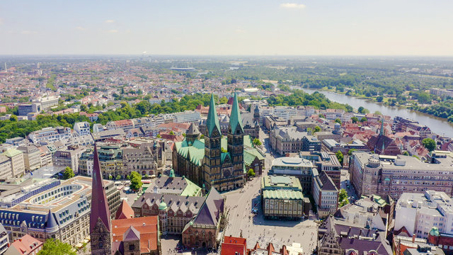 Bremen, Germany. The historic part of Bremen, the old town. Bremen Cathedral ( St. Petri Dom Bremen ). View in flight, Aerial View
