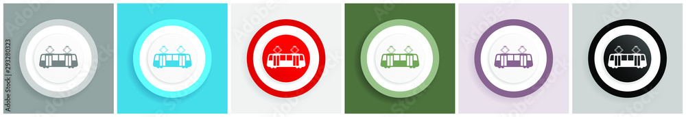 Poster tram icon set, colorful flat design vector illustrations in 6 options for web design and mobile appl