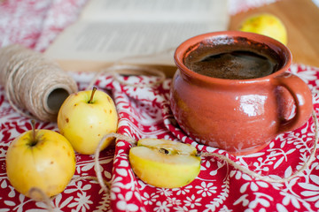 morning coffee with little yellow apples