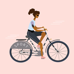 Bicycle Sport woman or girl is riding. Flat stylish bike concept. Eco transport. Vector  illustration for banner, web, mobile app, flyer, poster, print, t-shirt