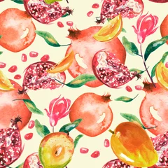 Behang Aquarel fruit Aquarel, vintage naadloze patroon - fruit rijpe granaatappel, mango, perzik. Vintage tekening van fruit, stenen, tropische bloemen, planten en bladeren. Modieus patroon. Kunst achtergrond.