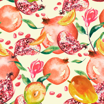 Watercolor, vintage seamless pattern - fruit ripe pomegranate,mango, peach.  Vintage drawing of fruits, stones, tropical flowers, plants and leaves. Fashionable pattern. Art background.
