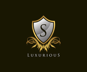 Classy Shield S Letter Logo. Gold Vintage Shield With S Letter prefect for boutique, hotel, restaurant, wedding and other elegant business. 