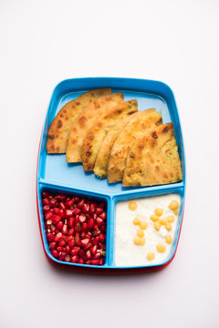 Lunch Box / Tiffin for Indian kids, includes Aloo Paratha, curd boondi and pomegranate seeds, selective focus