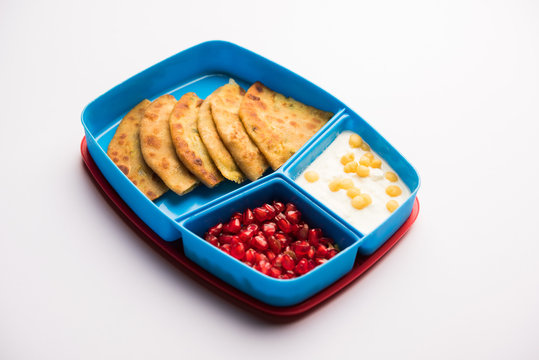 Lunch Box / Tiffin for Indian kids, includes Aloo Paratha, curd boondi and pomegranate seeds, selective focus
